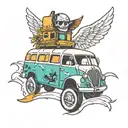 Bus with wings and happiness tattoo design idea