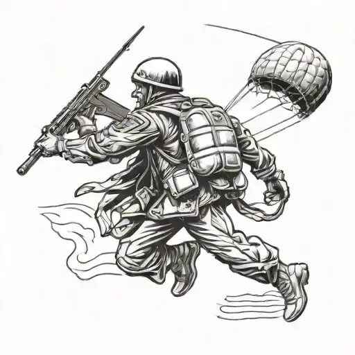 A paratrooper in armor and beret runs to attack. Side view. tattoo design idea