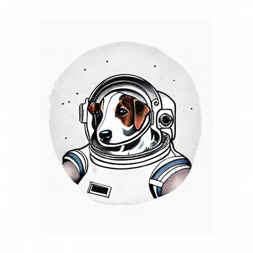 Brown small jack russell dog's face inside an astronaut helmet tattoo design idea