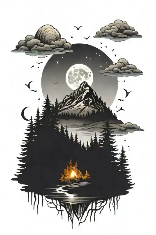 moutain in a forest  scene on a full moon night  tattoo design idea