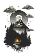 moutain in a forest  scene on a full moon night  tattoo design idea