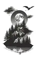 moutain in a forest  scene on a full moon night  tattoo design idea