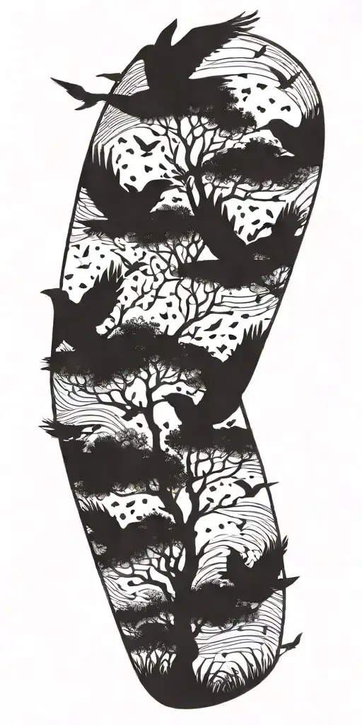 flock of birds flying out tree   tattoo design idea