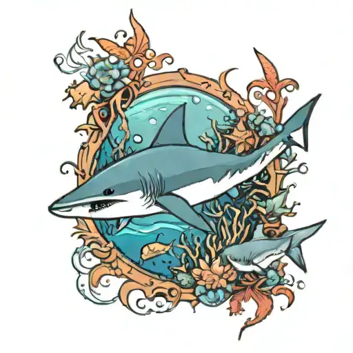 undersea sleeve featuring sharks and rays with fish in a coral reef tattoo design idea