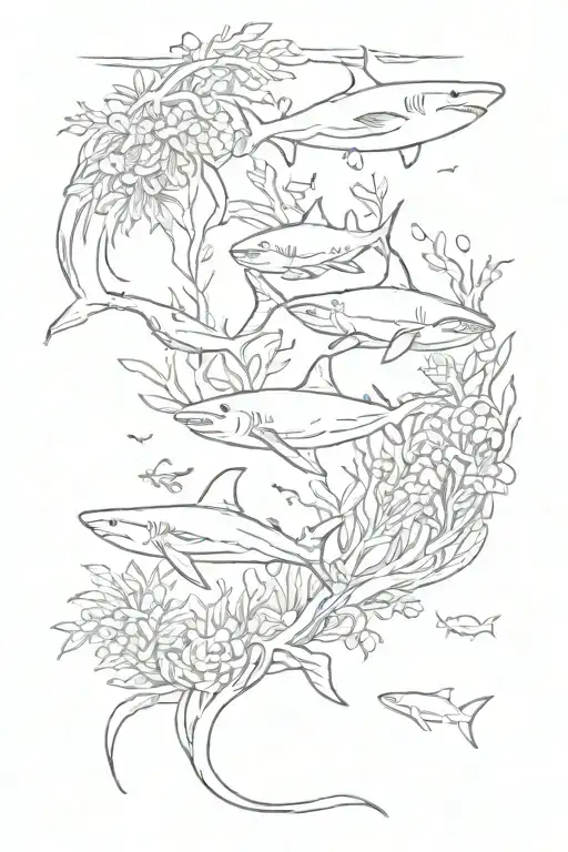 undersea sleeve featuring sharks and whales in a coral reef tattoo design idea