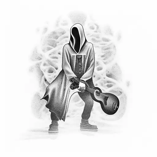 A haunting portrayal of the Grim Reaper playing a haunting melody on a guitar tattoo design idea