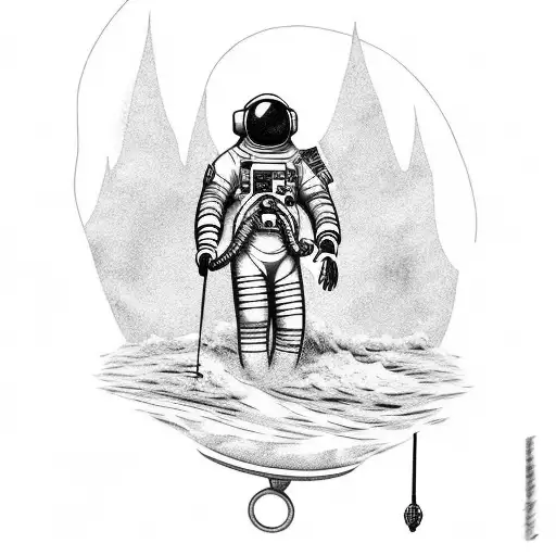 tattoo design with astronaut swiming on the pontoon holding fishing rod and car key deep in water tattoo design idea