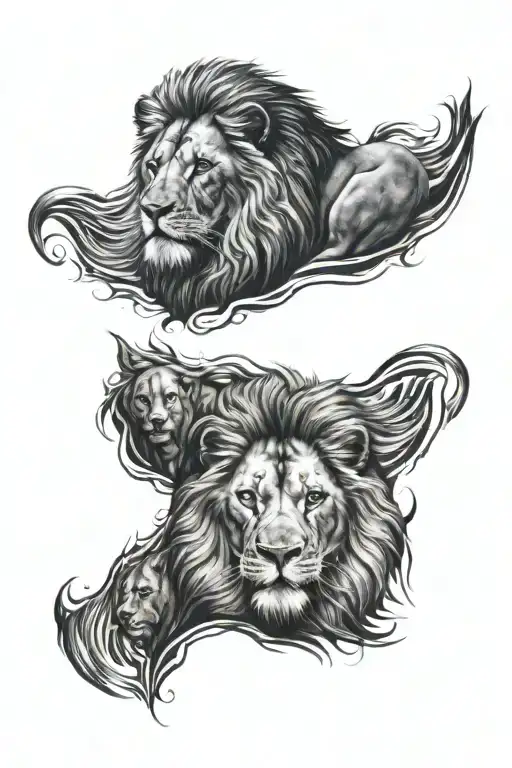 lion blue eyes fierce looking straight with father and son rip tradition under lion tattoo design idea