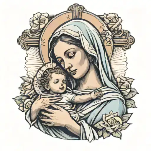 mary holding baby jesus, cross in background  tattoo design idea