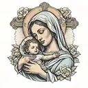 mary holding baby jesus, cross in background  tattoo design idea