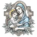 mary holding baby jesus, cross in background  tattoo design idea