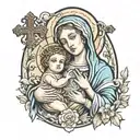 mary holding baby jesus, cross in background  tattoo design idea