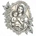 mary holding baby jesus, cross in background  tattoo design idea
