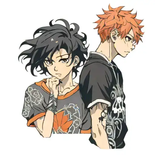 black curly hair boy next to short red haired girl haikyu tattoo design idea