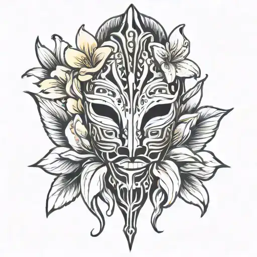 african mask with alstromeria flowers intertwined tattoo design idea