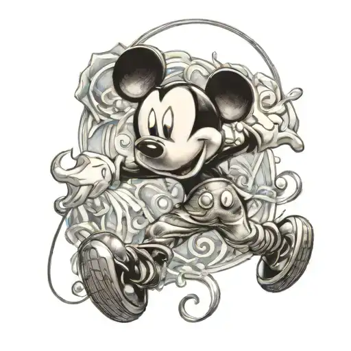 A Mickey Mouse portrait with a twist, incorporating elements of ballroom dancing tattoo design idea