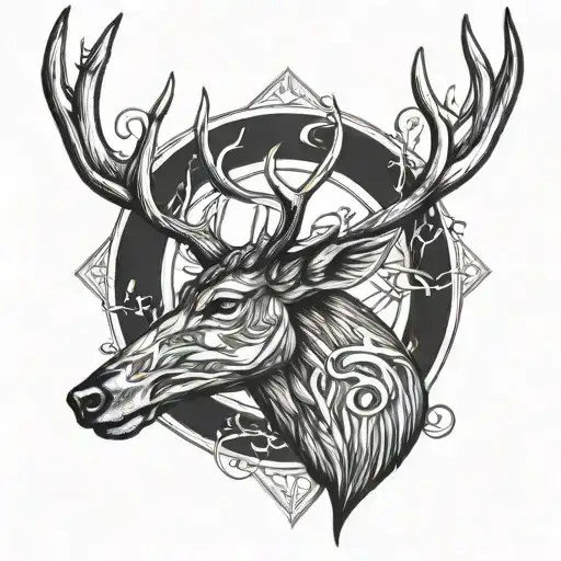 A majestic deer with a crescent moon and arrows intertwined in its antlers tattoo design idea