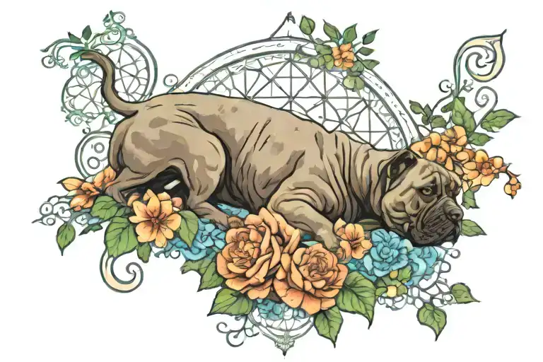 my cane corso dog, nature, ivy, flower of life, siamese cat, painting sea, underwater, my father  tattoo design idea