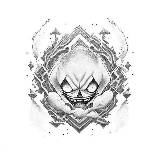 Imagine a dynamic and captivating black and white tattoo design. At the center of the composition lies Luffy's iconic st tattoo design idea