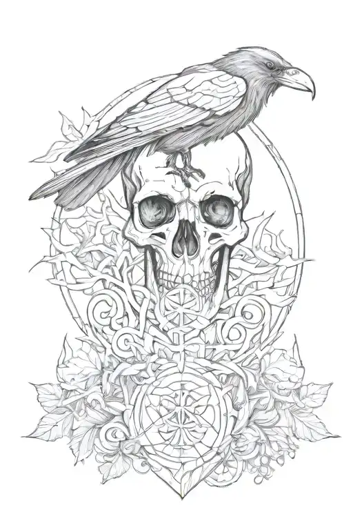 Skull and raven and forest raven lake scandinavian runes tattoo design idea