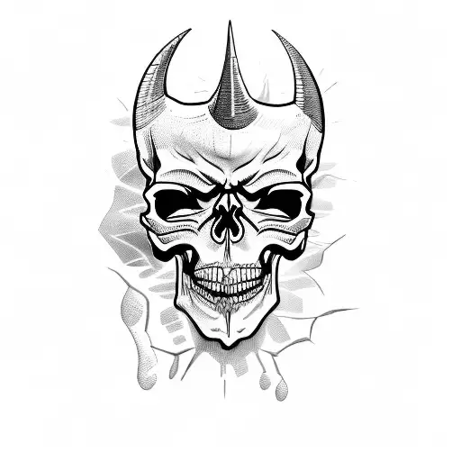 half of the face of a scary skull with an angry expression, with only a horn on one side of the forehead and on the othe tattoo design idea