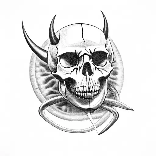 scary skull with a horn and a crack in the head, mouth open. completed tattoo for the leg tattoo design idea