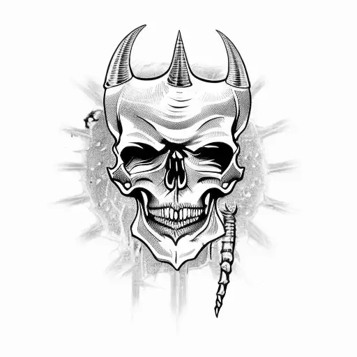 scary skull with angry expression, with a horn and a crack on its head. completed tattoo for the leg tattoo design idea