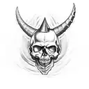 scary skull with an angry expression, with a horn and a crack on its head, its mouth open. completed tattoo for the leg tattoo design idea