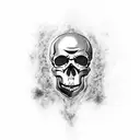 scary skull with an angry expression, with a horn and a crack on its head, its mouth open. completed tattoo for the leg tattoo design idea