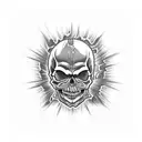 scary skull with an angry expression, with a horn and a crack on its head, its mouth open. completed tattoo for the leg tattoo design idea