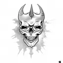 scary skull with angry expression, with a horn and a crack on its head. completed tattoo for the leg tattoo design idea
