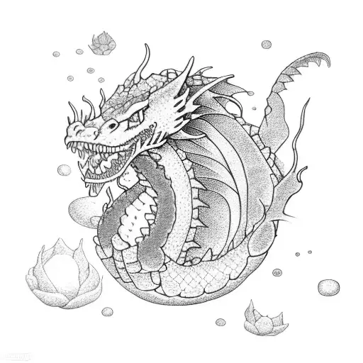 A dragon emerging from a bed of underwater flowers tattoo design idea