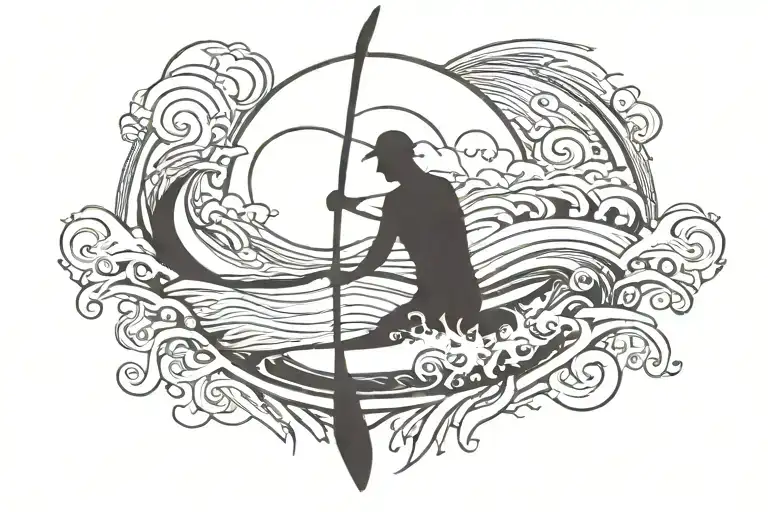 beach, fishing sun ,, waves stand up paddleboard tattoo design idea