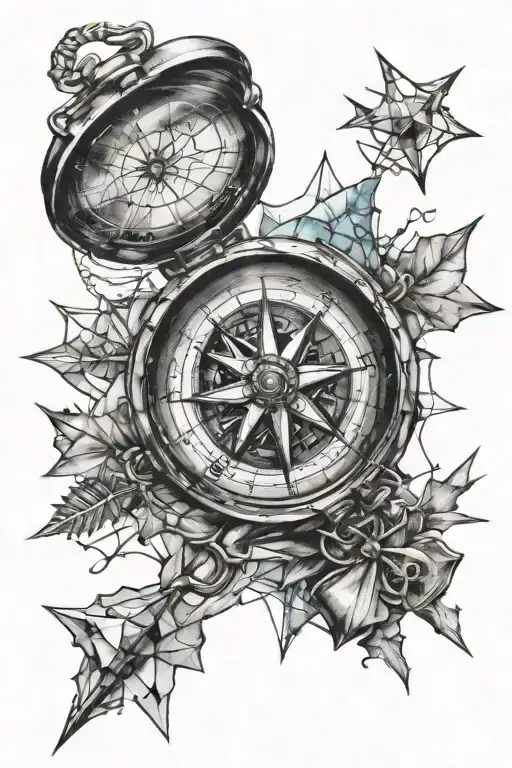 compass with shattered glass tattoo design idea