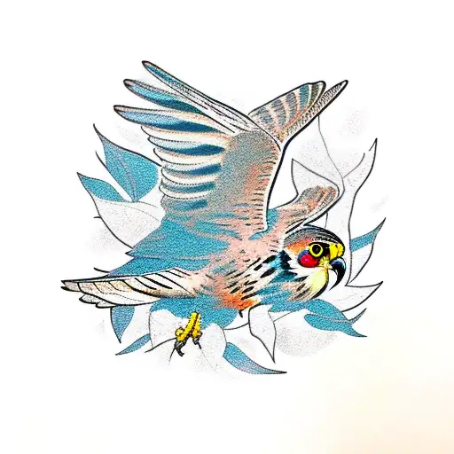 kestrel perched in canopy of leaves tattoo design idea