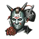 Freddy kruegers glove wrapped around jason vorhees mask tattoo design idea