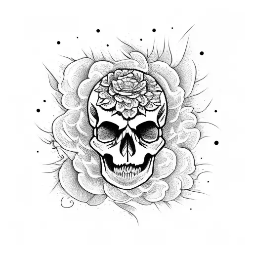 A skull engulfed in flames with delicate flowers around it tattoo design idea