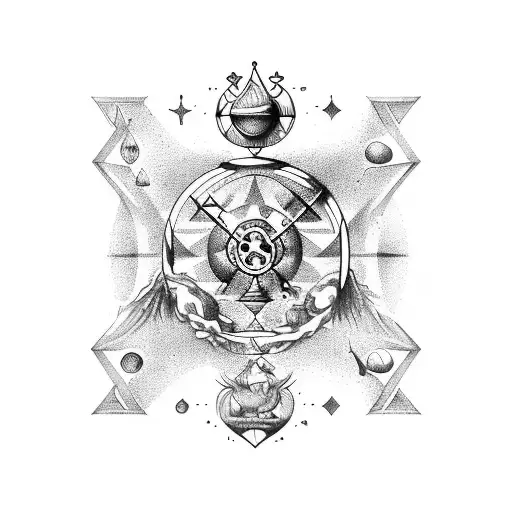 zodiac aquarius libra leo, hourglass, fine line work tattoo design idea