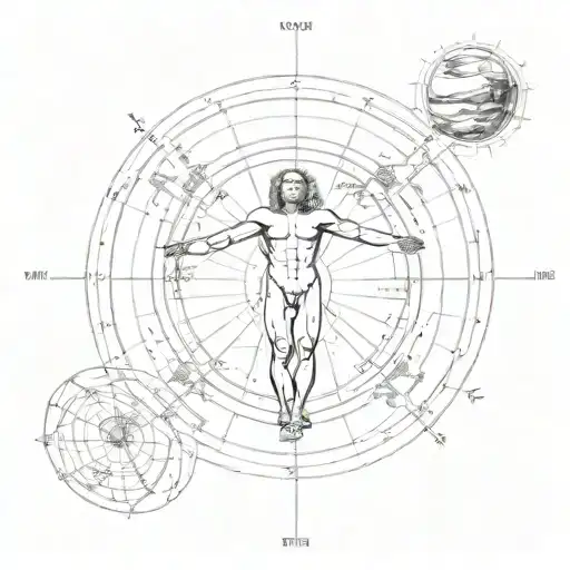 vitruvian man with an incorporation of the solar system layout, with the planets circular movement around the sun  tattoo design idea
