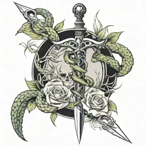 sword with snakes around it, type of medical caduceus, the snakes are skeletal and there are flowers around it tattoo design idea
