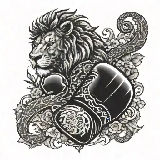 A boxing glove with intricate lion and dragon patterns wrapping around it tattoo design idea