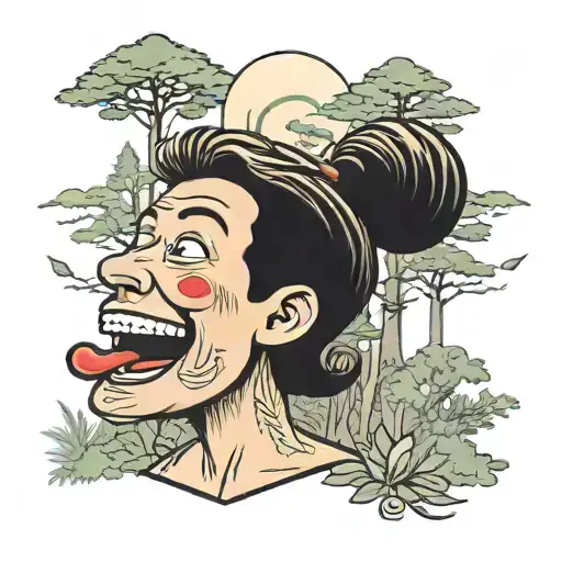 Ecstasy pill laughing in a foggy cartoon forest scene with a hidden tattoo design idea