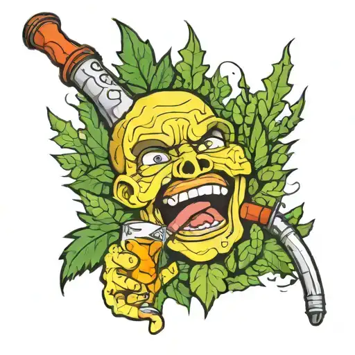 Crack pipe  lauhing surrounded by forest alcohol  tattoo design idea