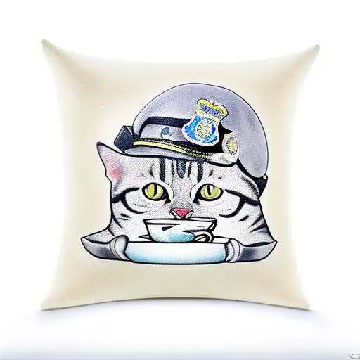 A new-school tattoo of a chonk cat wearing a police officer hat, holding a coffee cup and sitting on a cheese bean pillow tattoo design idea