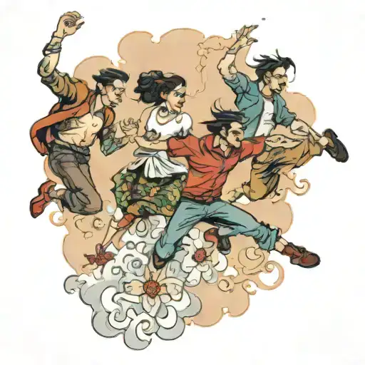 four people leaping through mist tattoo design idea