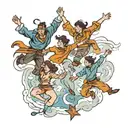 four people leaping through mist tattoo design idea