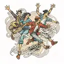 four people leaping through mist tattoo design idea