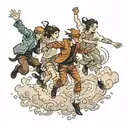 four people leaping through mist tattoo design idea