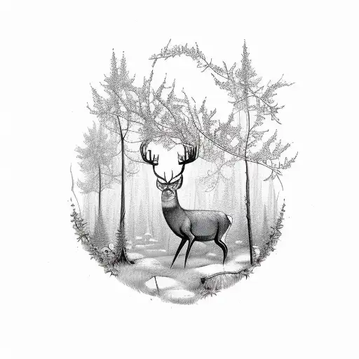 A whimsical forest scene with deer and flowers in a sketch style tattoo design idea