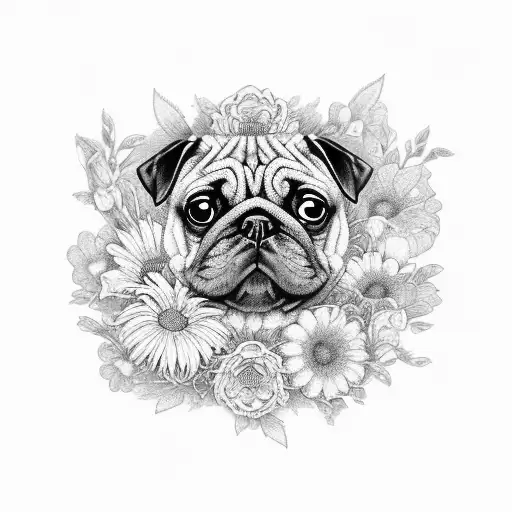 An intricate black-grey tattoo of a pug surrounded by vibrant flowers tattoo design idea